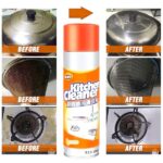 The Kitchen Oil & Grease Stain Remover Spray being used to clean a greasy stovetop, with the formula dissolving grease and grime.