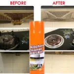 The Kitchen Oil & Grease Stain Remover Spray being used to clean a greasy stovetop, with the formula dissolving grease and grime.