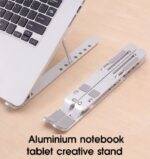 An adjustable aluminum laptop stand displayed in its folded position, showcasing its portability and compact design.