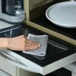 A person using a dishwashing cloth to wipe down a stainless steel countertop in the kitchen.