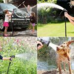 A person watering a garden with a magic water hose pipe, showcasing its expandable design and ease of use.