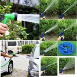 A person watering a garden with a magic water hose pipe, showcasing its expandable design and ease of use.