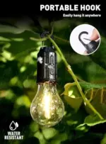 Portable Lighting: 3-Mode Camping Lamp Hangs for Convenient Illumination. The camping lamp hanging from a hook or branch inside a tent.