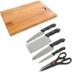 Chopping Board with Knives and Scissors A high-quality chopping board with a set of four knives and a pair of scissors neatly arranged on its surface.