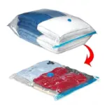 Vacuum storage bags filled with various items like clothes and bedding, demonstrating space-saving capabilities.