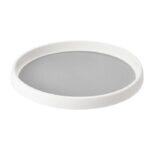 Circular, plastic non-skid rotating storage tray with a sleek design in a prominent color.