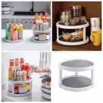 An image showcasing the double-layer rotating tray filled with various kitchen items on both tiers, such as spice jars, condiments, and utensils. This emphasizes the tray's storage capacity and its ability to organize a variety of kitchen necessities.