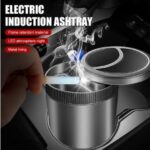 "Automatic ashtray with a cool blue LED light, displayed closed in a car cup holder. Person flicking cigarette ash into the open automatic ashtray with a blue LED light inside a car. Close-up of the automatic ashtray with a blue LED light, highlighting its sleek design and compact size."