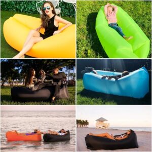 Inflatable air sofa for comfortable seating at campsites, beaches, or festivals. Inflatable camping sofa with backrest and armrests for lounging comfort. Portable inflatable air couch in a deflated state for easy transport to outdoor events.