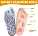 A pair of acupressure reflexology socks with visible pressure point nodes on the soles, displayed alongside a massage stick. A person wearing acupressure reflexology socks and using a massage stick to target their feet. A close-up of the pressure point nodes on the soles of acupressure reflexology socks.