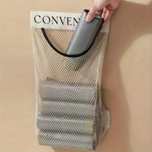 Wall-mounted mesh storage bag with breathable mesh design for ventilation. Small, wall-mounted mesh bag for storing fruits, vegetables, or other small items. Multifunctional mesh bag with a hanger for easy wall mounting.