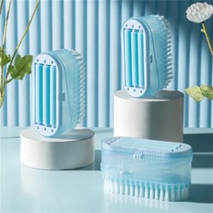 A blue roller soap brush with a container for soap dispenses lather and massages the skin during showers. A roller soap brush for cleaning clothes, shoes and other fabrics. A handy tool that dispenses soap and massages your skin in the shower