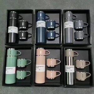 A set of vacuum flasks in various sizes and colors, made of stainless steel for durability and temperature insulation.