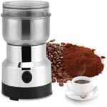 The stainless steel multifunctional grinder in use, with coffee beans or spices in the container and ground powder below.