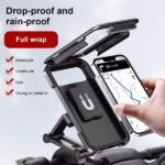 A close-up view of the waterproof motorcycle phone holder, highlighting the mounting mechanism, adjustable features, and touchscreen compatibility.