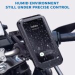 The waterproof motorcycle phone holder mounted on a motorcycle handlebar, showcasing its secure placement and easy phone access.