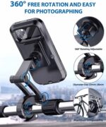 An image depicting the phone holder securely mounted on a motorcycle handlebar. You can showcase a phone placed in the holder to demonstrate its functionality. Highlight the easy access to the phone screen for navigation, music control, or hands-free calls