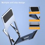 This image showcases a versatile foldable and adjustable phone holder. The unfolded position reveals its ability to securely hold a smartphone in various orientations. This promotes hands-free convenience for activities like video calls, watching videos, or reading.