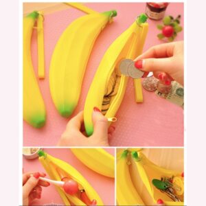 A close-up view of the banana-shaped silicone pencil case, highlighting the silicone material, zipper quality, and any additional compartments