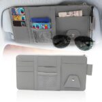 A close-up view of the car sun visor organizer, highlighting the individual compartments, their size variations, and any additional features like a pen holder or a zippered pocket.