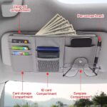 A close-up view of the car sun visor organizer, highlighting the individual compartments, their size variations, and any additional features like a pen holder or a zippered pocket.