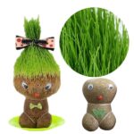 A mini grass head doll planter with sprouted grass growing on top, resembling hair on a doll's head.