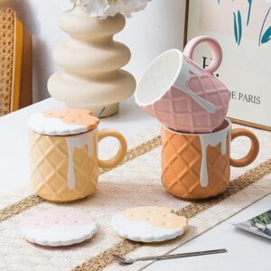 A close-up view of the biscuit pattern ceramic coffee mug, highlighting the design details and handle.